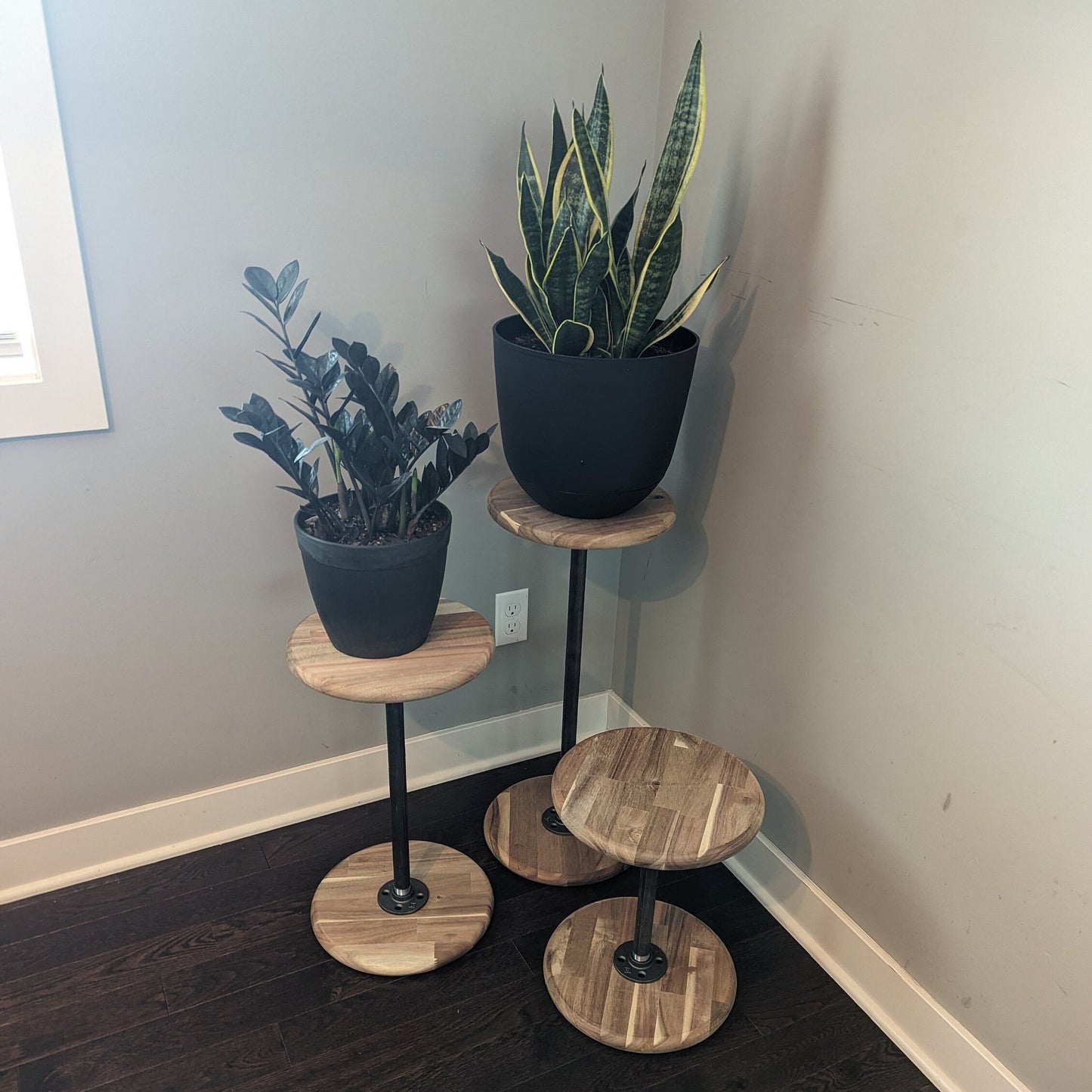 Industrial Round Wood and Metal Side Table | Decorative Plant Stand | Bistro Table | Hardwood End Table | Apartment Industrial Side Table