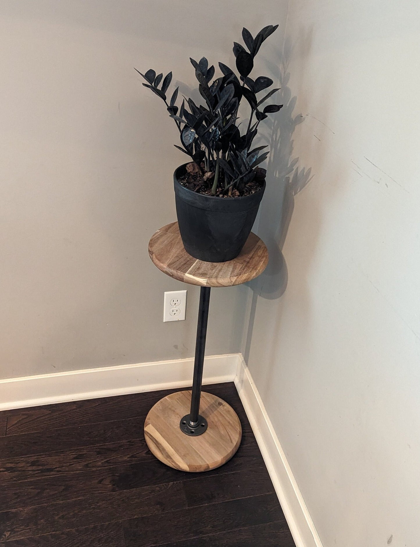 Industrial Round Wood and Metal Side Table | Decorative Plant Stand | Bistro Table | Hardwood End Table | Apartment Industrial Side Table