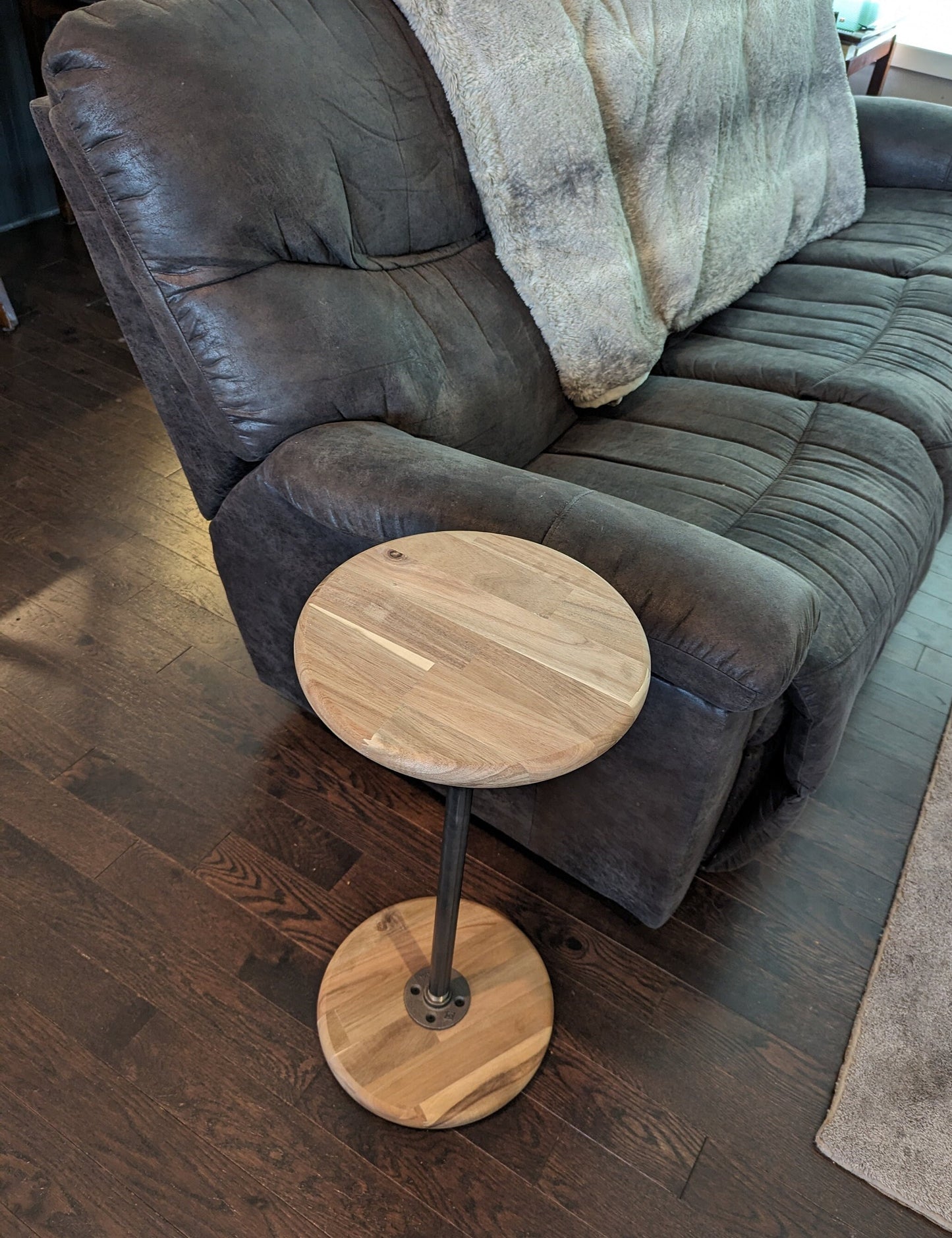 Industrial Round Wood and Metal Side Table | Decorative Plant Stand | Bistro Table | Hardwood End Table | Apartment Industrial Side Table