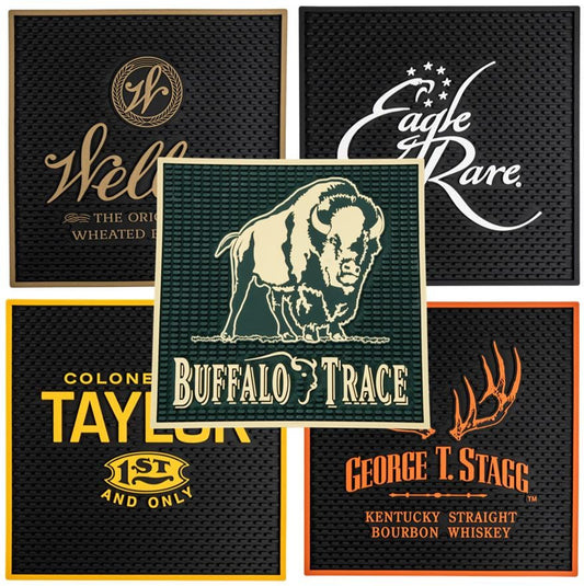 Bourbon Lover's Service Bar Mat | 12x12 Home Bar Decor & Whiskey Gift | Buffalo Trace, Eagle Rare, Weller, George T Stagg, Colonel EH Taylor