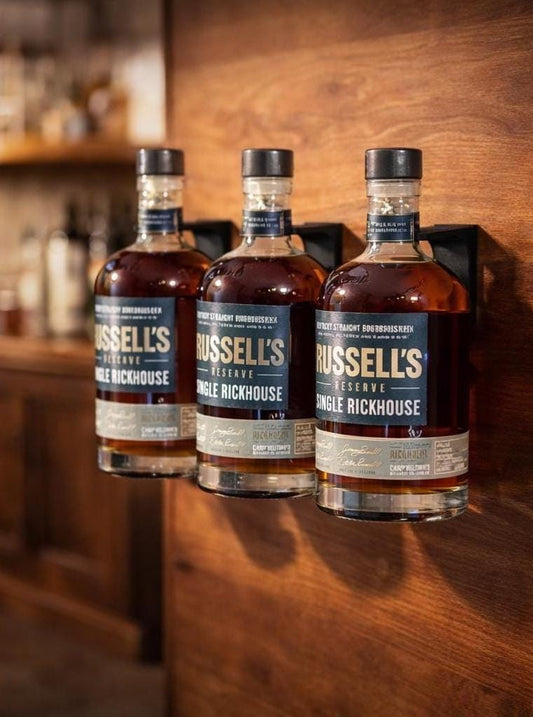 Russell’s Reserve Bottle Shelf | Floating Bourbon Wall Mount Display | 750ml Whiskey Holder | Home Bar Decor | Bourbon Gift