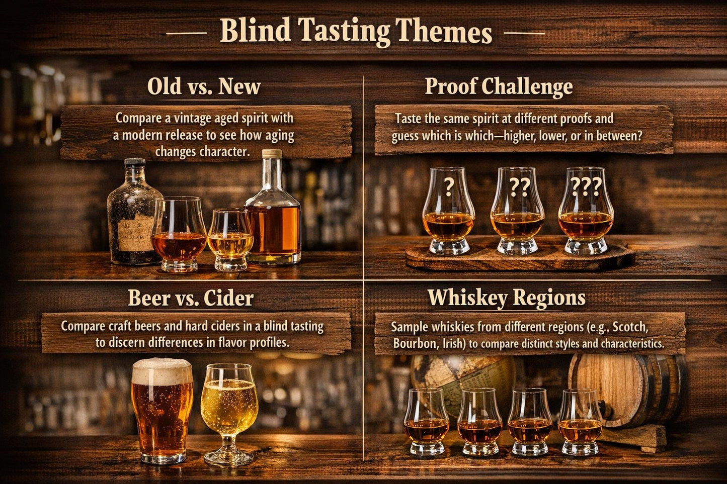 Spin and Sip Blind Bourbon Tasting Board Bar Tool Set with Rotating Spinner | Whiskey Flight Tray for Glencairn Glasses, Lazy Susan Sampling Board for Scotch & Whiskey Tastings